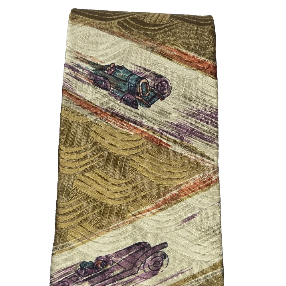 Vintage Chaps Ralph Lauren Mens Silk Tie Antique Race Cars Roadster Racing NEW